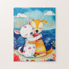 Illustration of two dogs playing at the beach ジグソーパズル