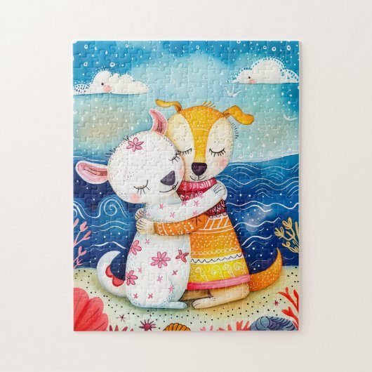 Illustration of two dogs playing at the beach ジグソーパズル (縦)