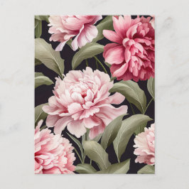 Illustration pink peony flowers with green leaves ポストカード