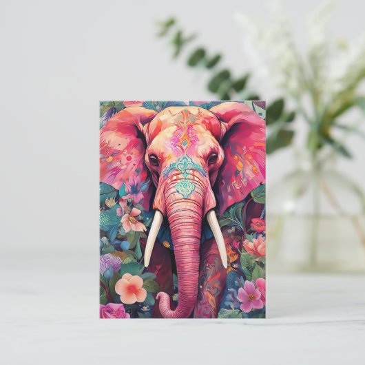 Illustration pinker Elefant mit Blumen ポストカード (スタンド正面)