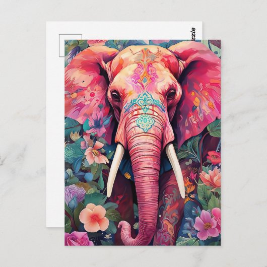 Illustration pinker Elefant mit Blumen ポストカード (正面/裏面)