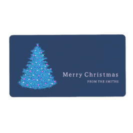 ilustración de árbol de Navidad azul ラベル
