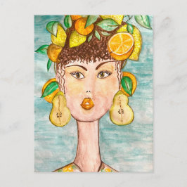 Ilustración de chica con frutas en la cabeza ポストカード