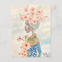 ilustración de chica de color con flores  ポストカード
