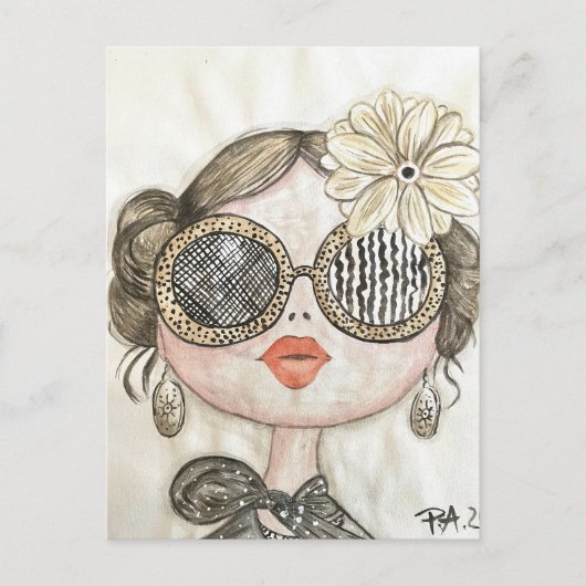 ilustracion de chica fashion con gafas en acuarela ポストカード (正面)
