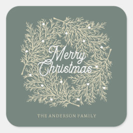 ilustración hojas abeto corona de Navidad verde スクエアシール