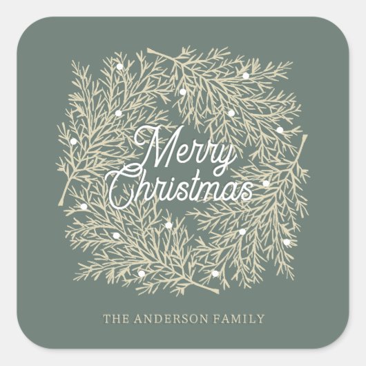 ilustración hojas abeto corona de Navidad verde スクエアシール (正面)