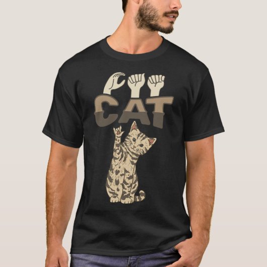 ILY CAT ASLハンドジェスチャーろう聴覚喪失待ち Tシャツ (正面)