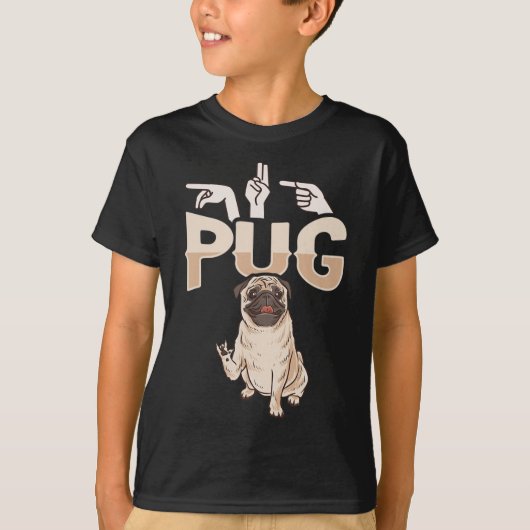 ILY Pug ASLハンドジェスチャーろう難聴Awarene Tシャツ (正面)