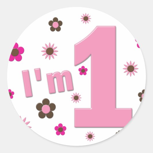 「I'm 1」ピンクと茶色の花の誕生日 ラウンドシール (正面)