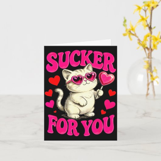 I'm A Sucker For You Valentines Day Funny Cat Love カード (黄色い花)