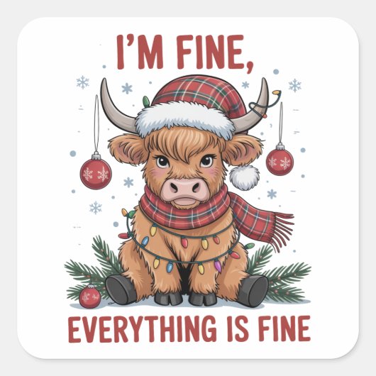 I'm Fine Everything is Fine Christmas Highland Cow スクエアシール (正面)