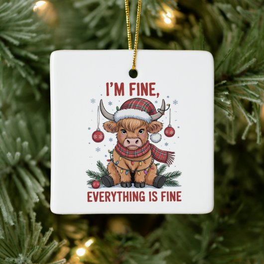 I'm Fine Everything is Fine Christmas Highland Cow セラミックオーナメント (ツリー)
