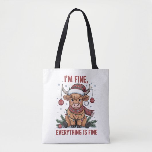 I'm Fine Everything is Fine Christmas Highland Cow トートバッグ (正面)