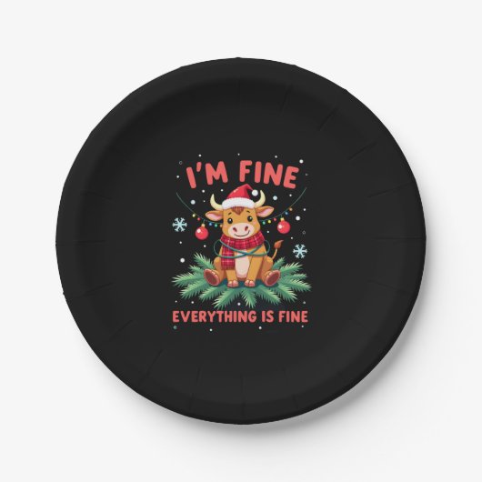 I'm Fine Everything is Fine Christmas Highland Cow ペーパープレート (正面)