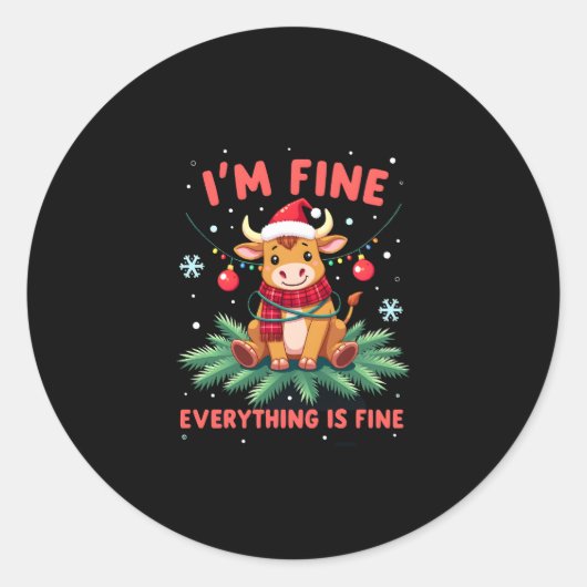 I'm Fine Everything is Fine Christmas Highland Cow ラウンドシール (正面)