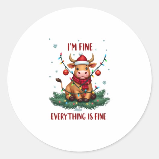 I'm Fine Everything is Fine Christmas Highland Cow ラウンドシール (正面)