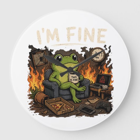 I'm Fine Frog This Is Fine Meme Art ラージ壁時計 (正面)
