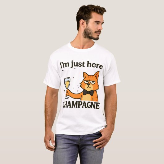 I'm Just Here for the Champagne – Grumpy Party Cat Tシャツ (正面フル)