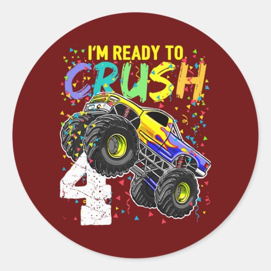 I'm Ready to Crush 4 Monster Truck 4th Birthday ラウンドシール (正面)