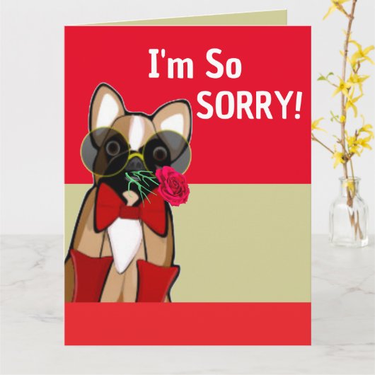 I'm So Sorry Cute Bulldog Belated Birthday カード (黄色い花)