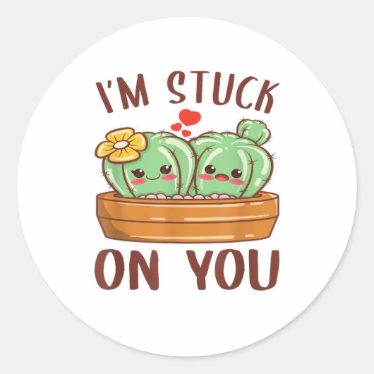 Im Stuck On You Cactus Succulent Valentines Day Cu ラウンドシール (正面)