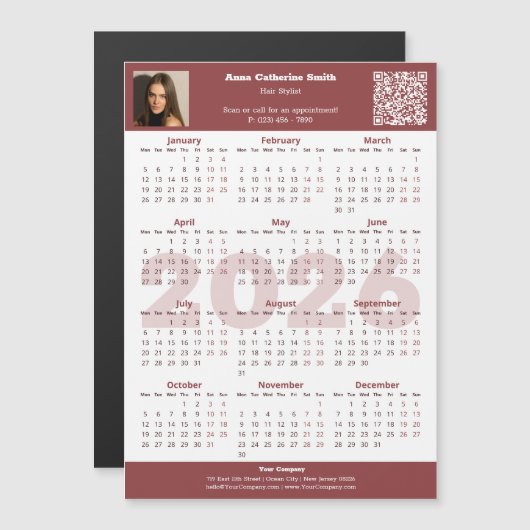 Image QR-code Burgundy White 2026 Calendar Magnet (正面/裏面)