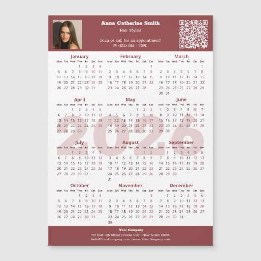Image QR-code Burgundy White 2026 Calendar Magnet (正面)
