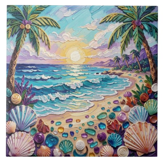 Impasto Beach and Sea Glass Sunset and Palm Trees タイル (正面)