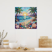 Impasto Beach and Sea Glass Sunset and Sunrise ポスター (キッチン)