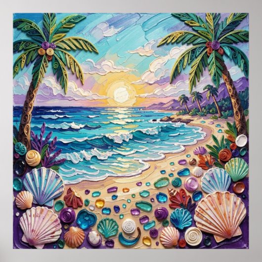 Impasto Beach and Sea Glass Sunset and Sunrise ポスター (正面)