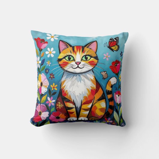 Impasto Cat, Flowers & Butterfly クッション (正面)