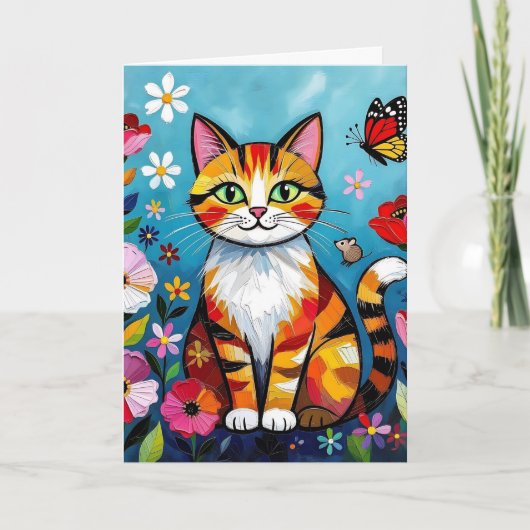 Impasto Cat, Flowers & Butterfly Birthday カード (正面)