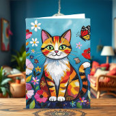 Impasto Cat, Flowers & Butterfly Birthday カード
