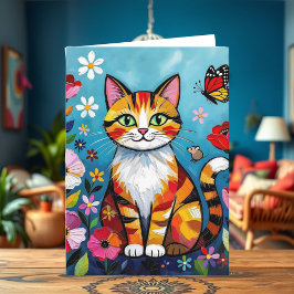 Impasto Cat, Flowers & Butterfly Birthday カード