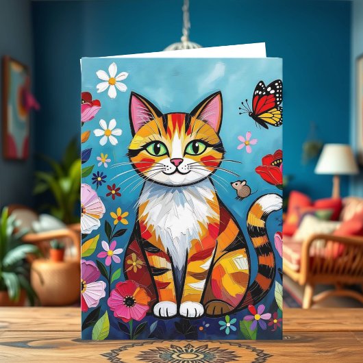 Impasto Cat, Flowers & Butterfly Birthday カード