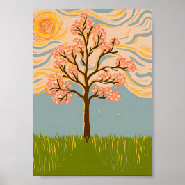 Impasto Cherry Blossom Tree Swirling Starry Sky  ポスター