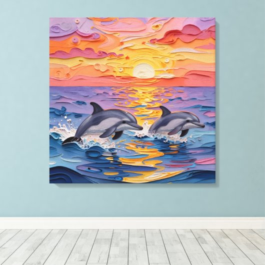 Impasto Dolphins and Ocean Waves   キャンバスプリント (インサイチュ (ウッドフロア))