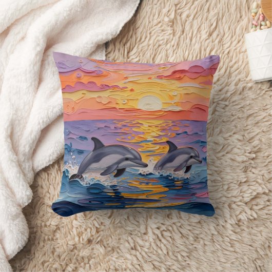 Impasto Dolphins and Ocean Waves   クッション (ブランケット)