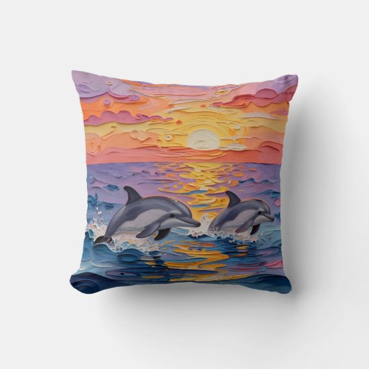 Impasto Dolphins and Ocean Waves   クッション (正面)