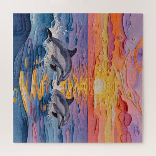 Impasto Dolphins and Ocean Waves   ジグソーパズル (横)