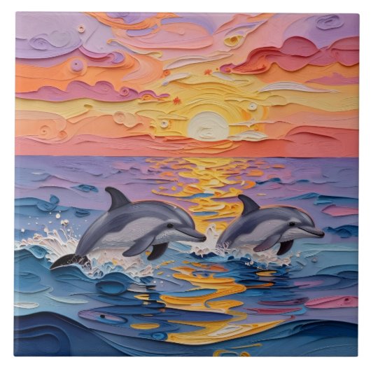 Impasto Dolphins and Ocean Waves   タイル (正面)
