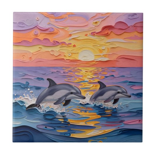 Impasto Dolphins and Ocean Waves   タイル (正面)