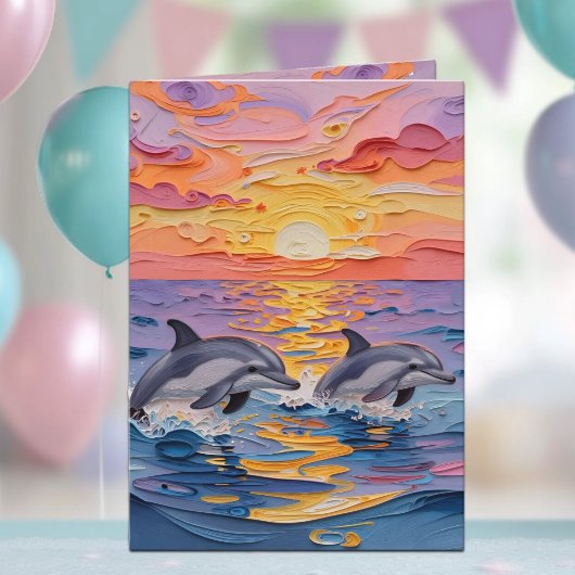 Impasto Dolphins and Ocean Waves | Happy Birthday カード