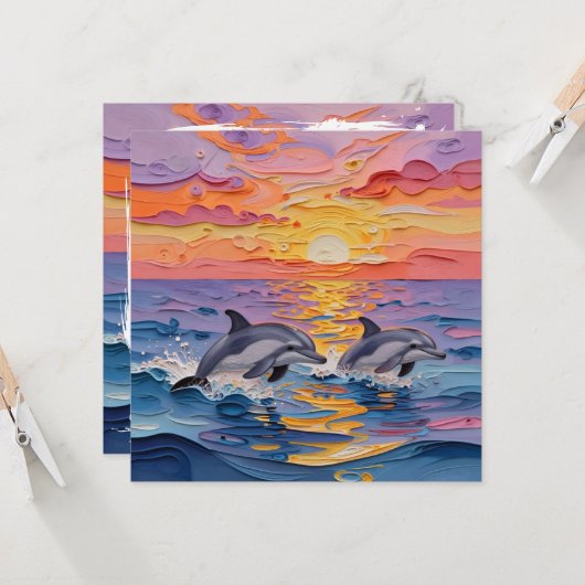 Impasto Dolphins and Ocean Waves | Thinking of You カード (正面/裏面インサイチュ)