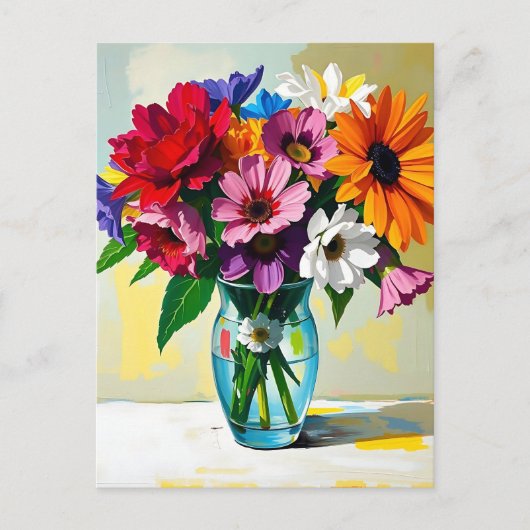 Impasto Style Vase of Colorful Flowers ポストカード (正面)