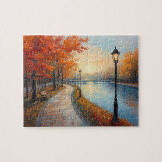 Impressionist Autumn River Walk Lamp Posts ジグソーパズル