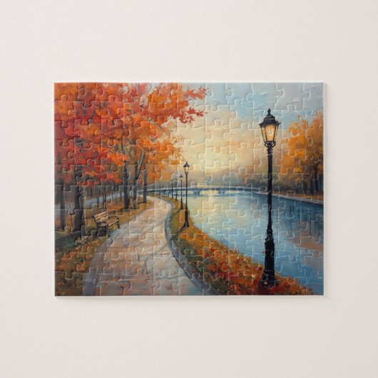 Impressionist Autumn River Walk Lamp Posts ジグソーパズル (横)