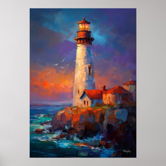 Impressionist Coastal Lighthouse Seascape Painting ポスター (正面)