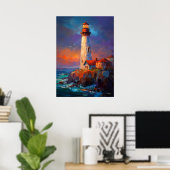 Impressionist Coastal Lighthouse Seascape Painting ポスター (ホームオフィス)